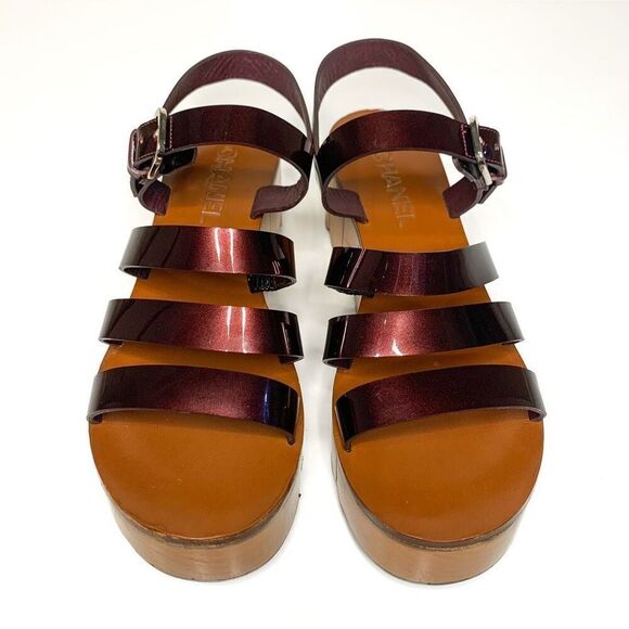 Chanel Burgundy Patent Leather CC Logo Wooden Platform Sandals EU 38 US 7-7.5 - Picture 3 of 12